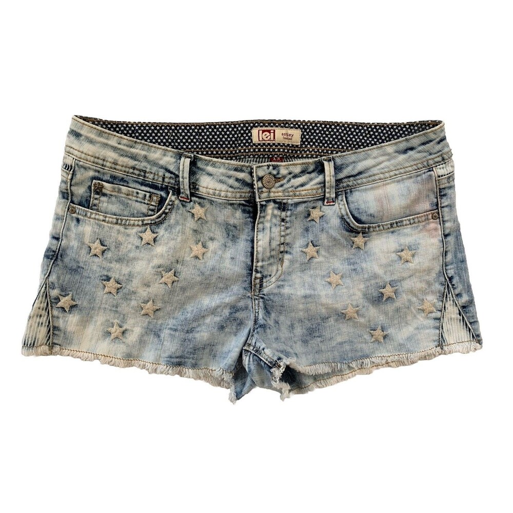 LEI Booty Micro Cut-off Denim Shorts Jrs 13 Blue Stripe Embroidered Star America